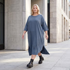 Petrolfarbenes Lyocelltwillkleid in A-Linie mit V-Ausschnitt und 3/4-Arm Seitentaschen