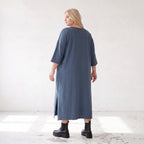 Petrolfarbenes Lyocelltwillkleid in A-Linie mit V-Ausschnitt und 3/4-Arm Seitentaschen