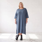 Petrolfarbenes Lyocelltwillkleid in A-Linie mit V-Ausschnitt und 3/4-Arm Seitentaschen