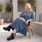 Petrolfarbenes Lyocelltwillkleid in A-Linie mit V-Ausschnitt und 3/4-Arm Seitentaschen