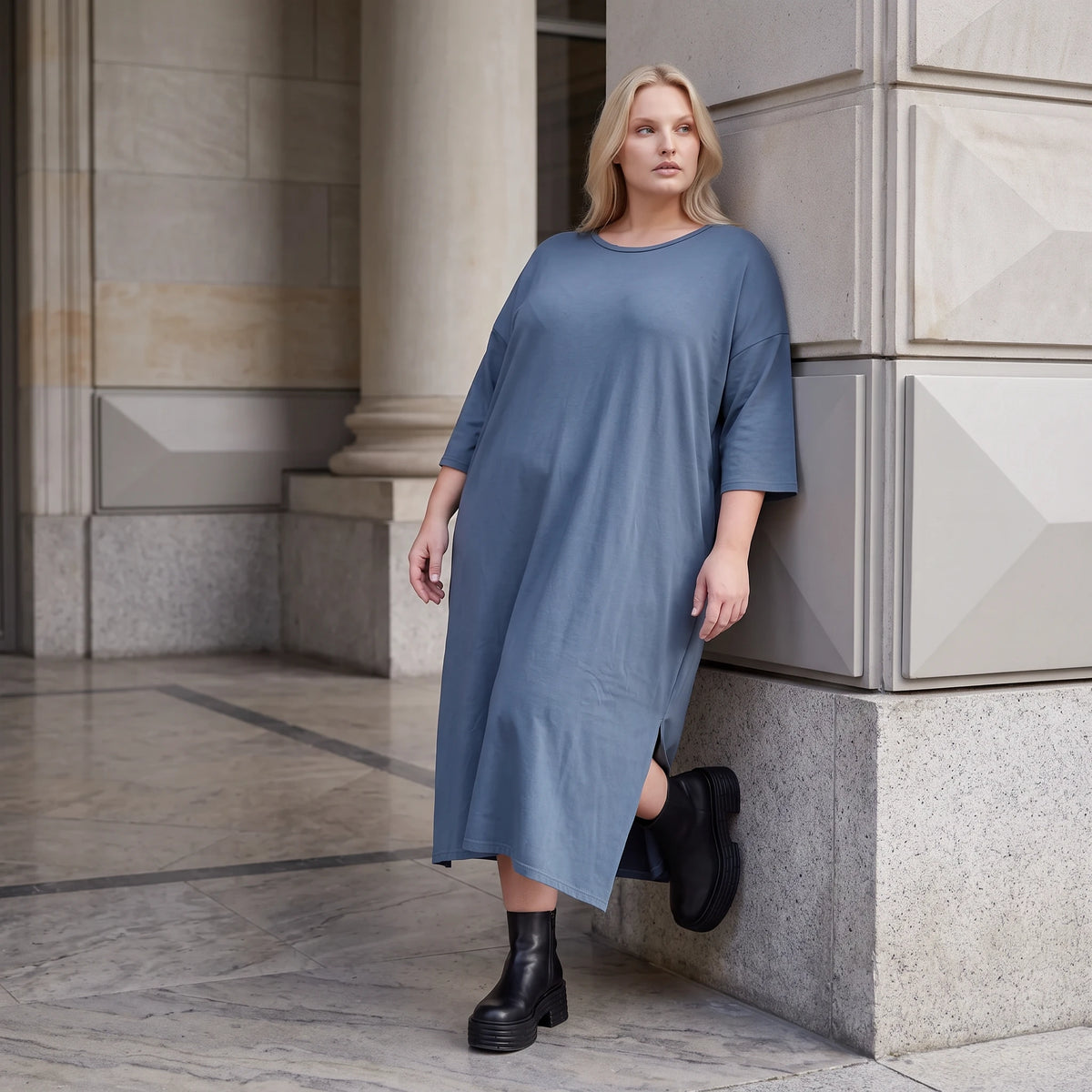Petrolfarbenes Lyocelltwillkleid in A-Linie mit V-Ausschnitt und 3/4-Arm Seitentaschen