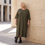 Khaki Lyocellkleid in A-Linie mit Rundhalsausschnitt und V-Ausschnitt mit Seitentaschen