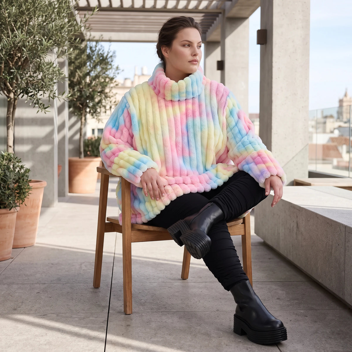 Plüschshirt in A-Linie mit Rollkragen und Langarm weich warm und kuschelig für Winter