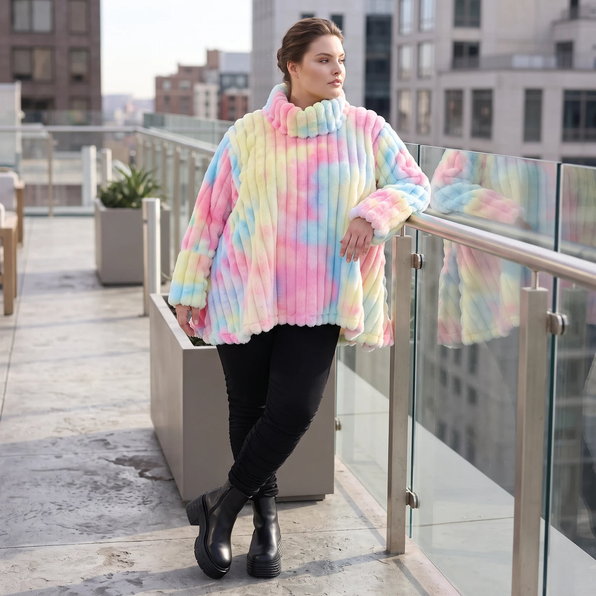Plüschshirt in A-Linie mit Rollkragen und Langarm weich warm und kuschelig für Winter