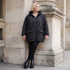Gefütterte schwarze Kapuzenjacke im Denimlook mit geradem Schnitt warme Winterjacke
