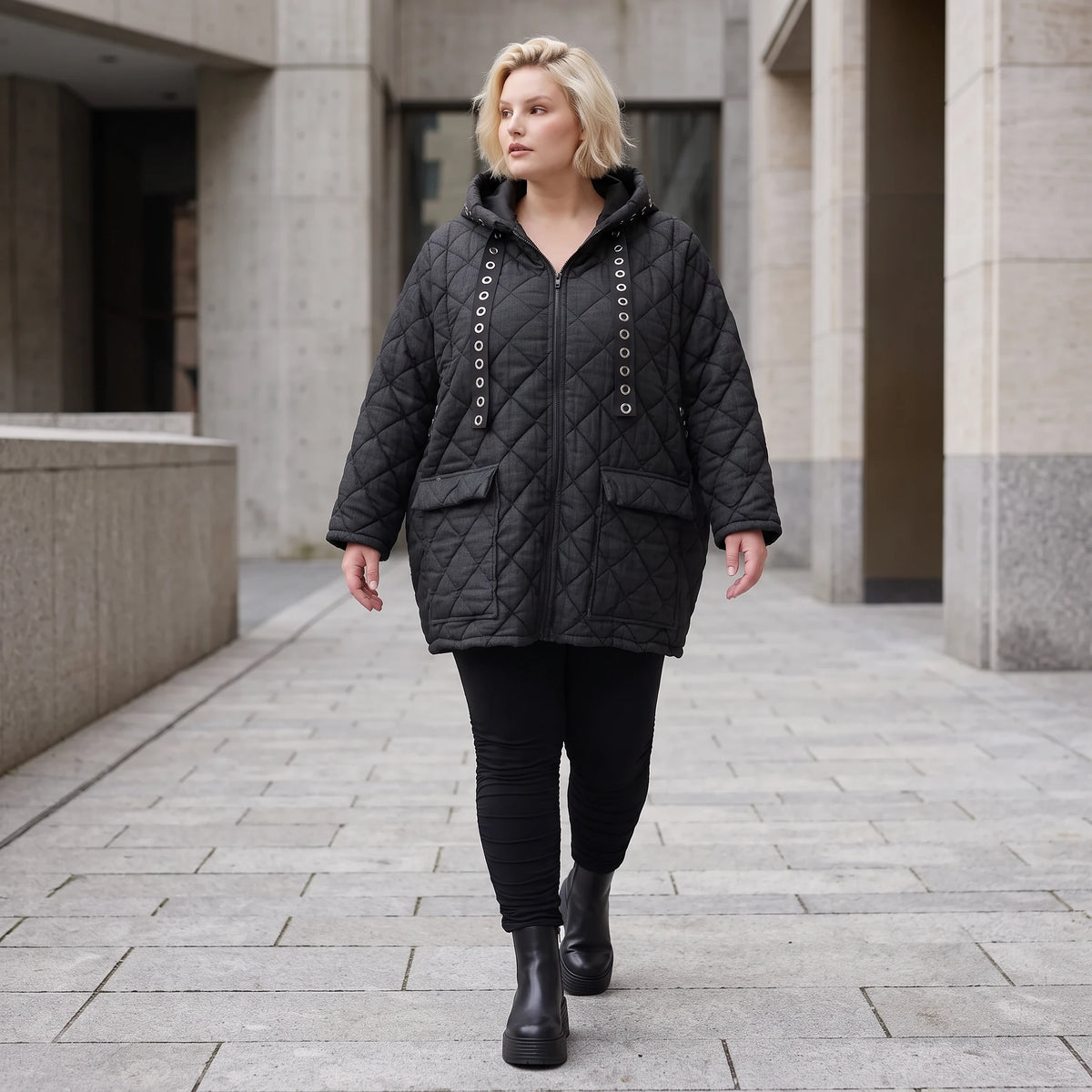 Gefütterte schwarze Kapuzenjacke im Denimlook mit geradem Schnitt warme Winterjacke