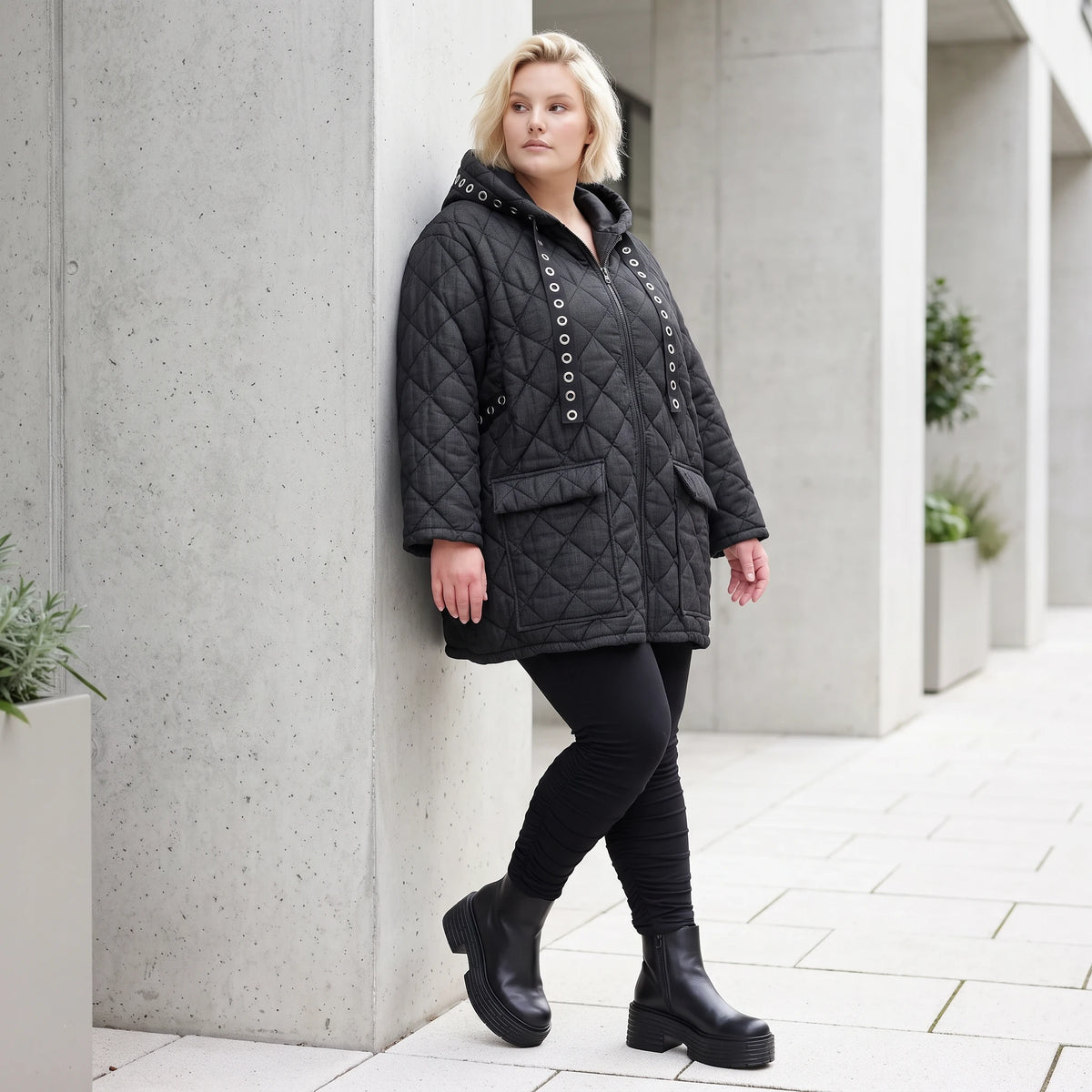 Gefütterte schwarze Kapuzenjacke im Denimlook mit geradem Schnitt warme Winterjacke