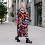 Weiches Romanitjerseykleid in Schwarz/Orange mit Ballonform Langarm Rundhalsausschnitt