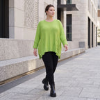 Strickshirt in Matchagrün mit Destroyedlook A-Linie Langarm und aufgesetzten Taschen