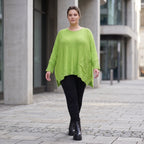Strickshirt in Matchagrün mit Destroyedlook A-Linie Langarm und aufgesetzten Taschen