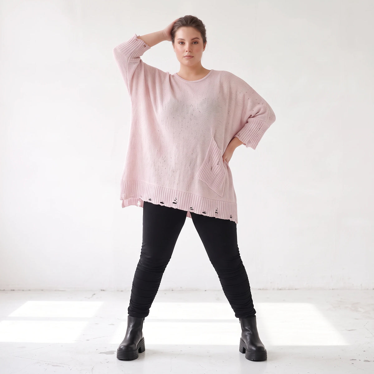 Altrosa Strickshirt aus Baumwolle in A-Linie mit Destroyedoptik weich für Winterlooks
