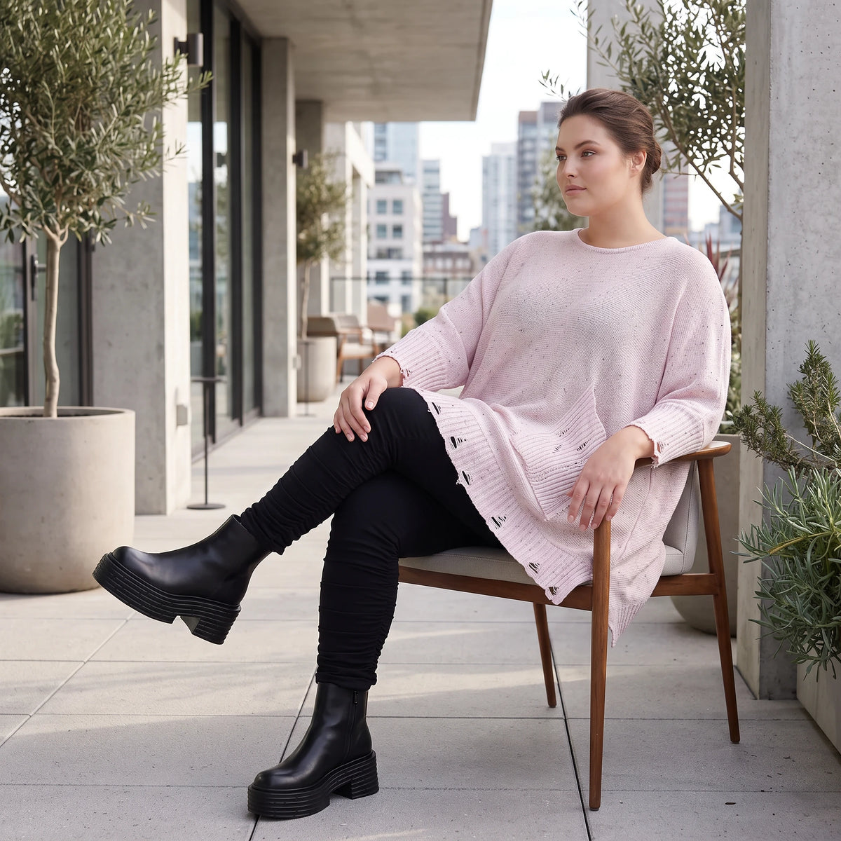 Altrosa Strickshirt aus Baumwolle in A-Linie mit Destroyedoptik weich für Winterlooks