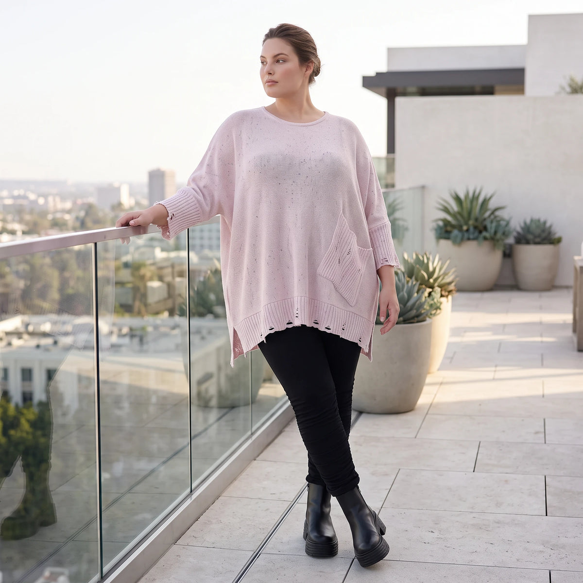 Altrosa Strickshirt aus Baumwolle in A-Linie mit Destroyedoptik weich für Winterlooks