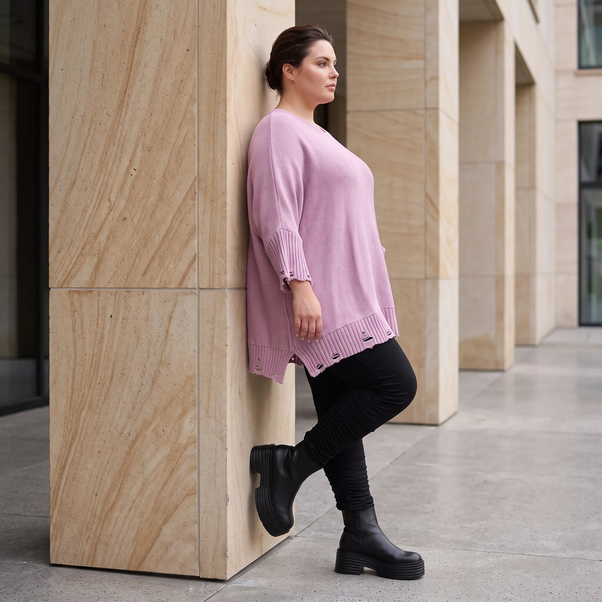 Flieder Strickshirt in A-Linie mit Destroyed-Optik kuschelig weich winterwarmes Basic