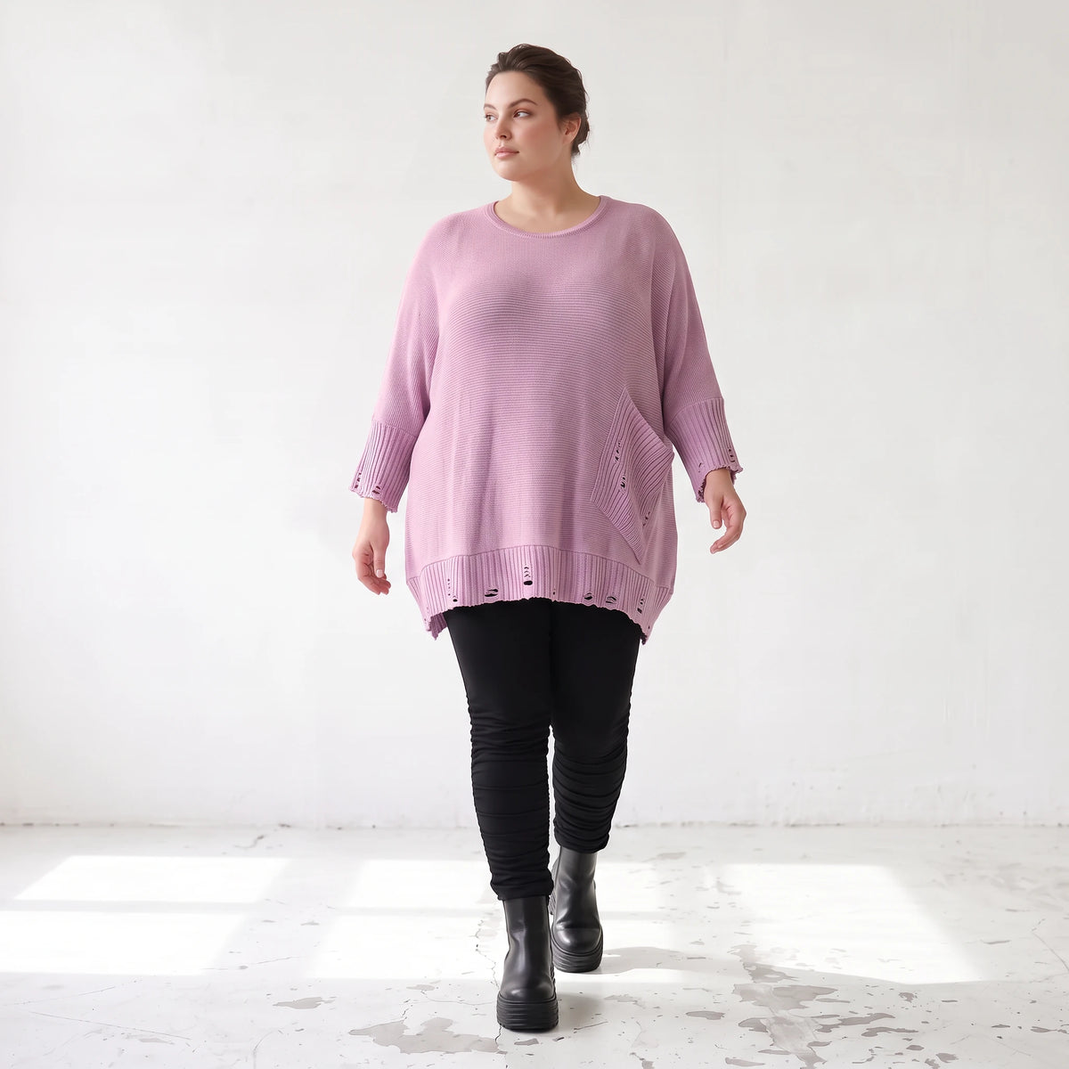 Flieder Strickshirt in A-Linie mit Destroyed-Optik kuschelig weich winterwarmes Basic