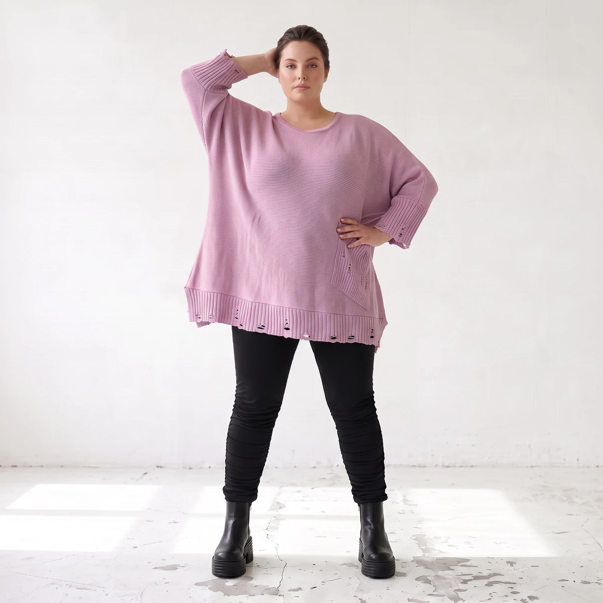 Flieder Strickshirt in A-Linie mit Destroyed-Optik kuschelig weich winterwarmes Basic