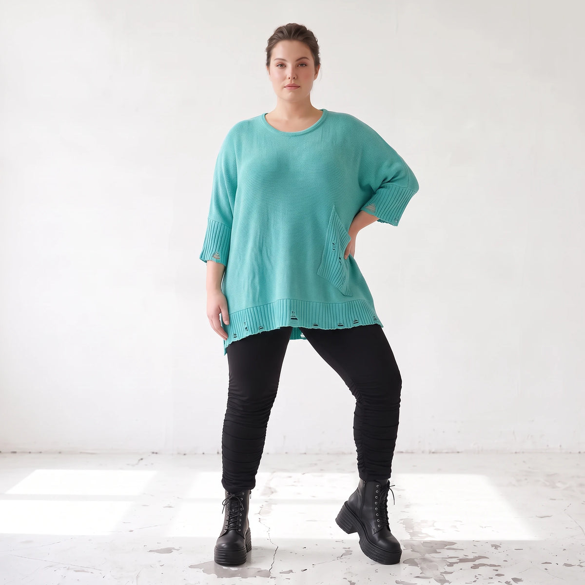 Strickshirt in A-Linie mit Taschen im Destroyed-Look aus Baumwolle mit weichem Stretch