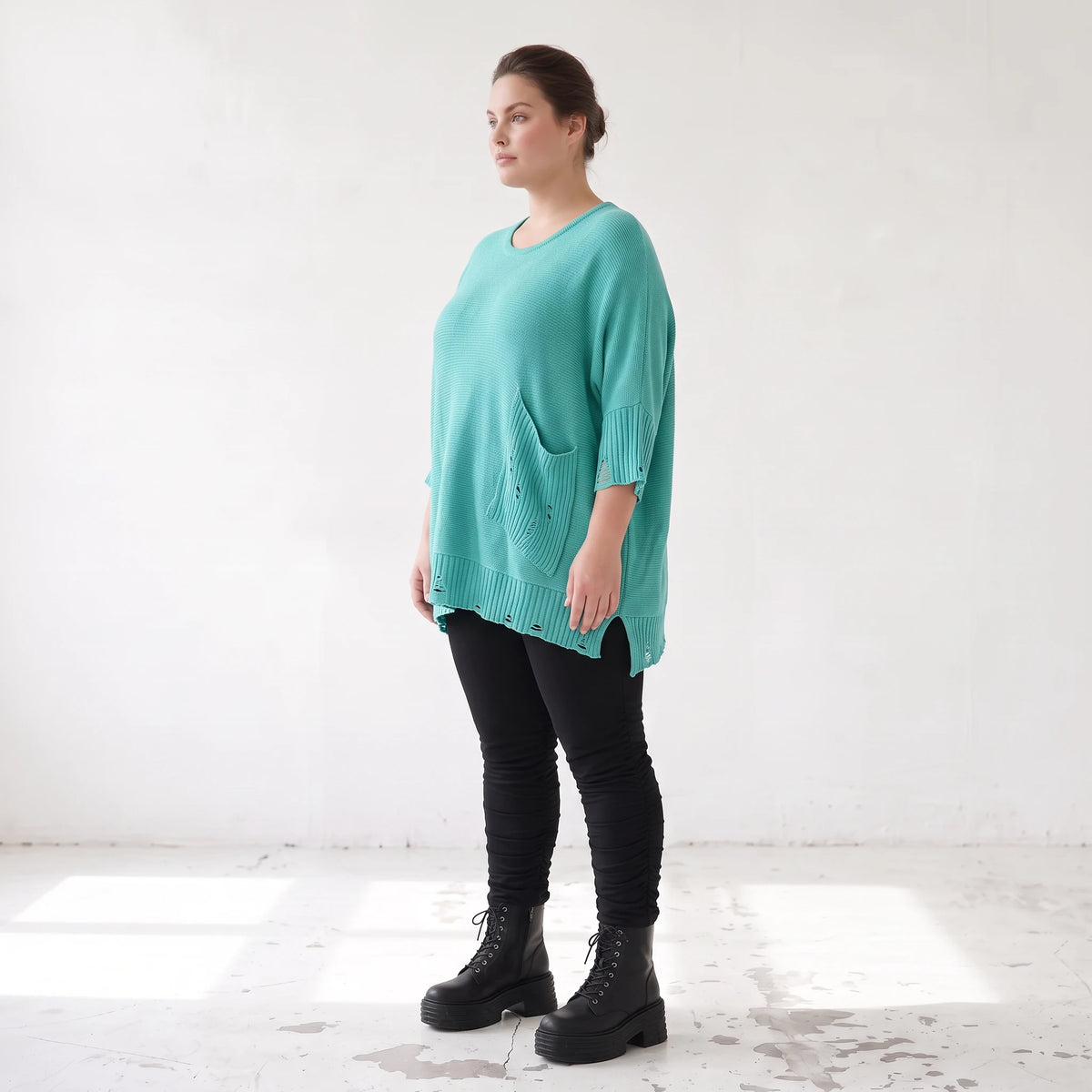 Strickshirt in A-Linie mit Taschen im Destroyed-Look aus Baumwolle mit weichem Stretch