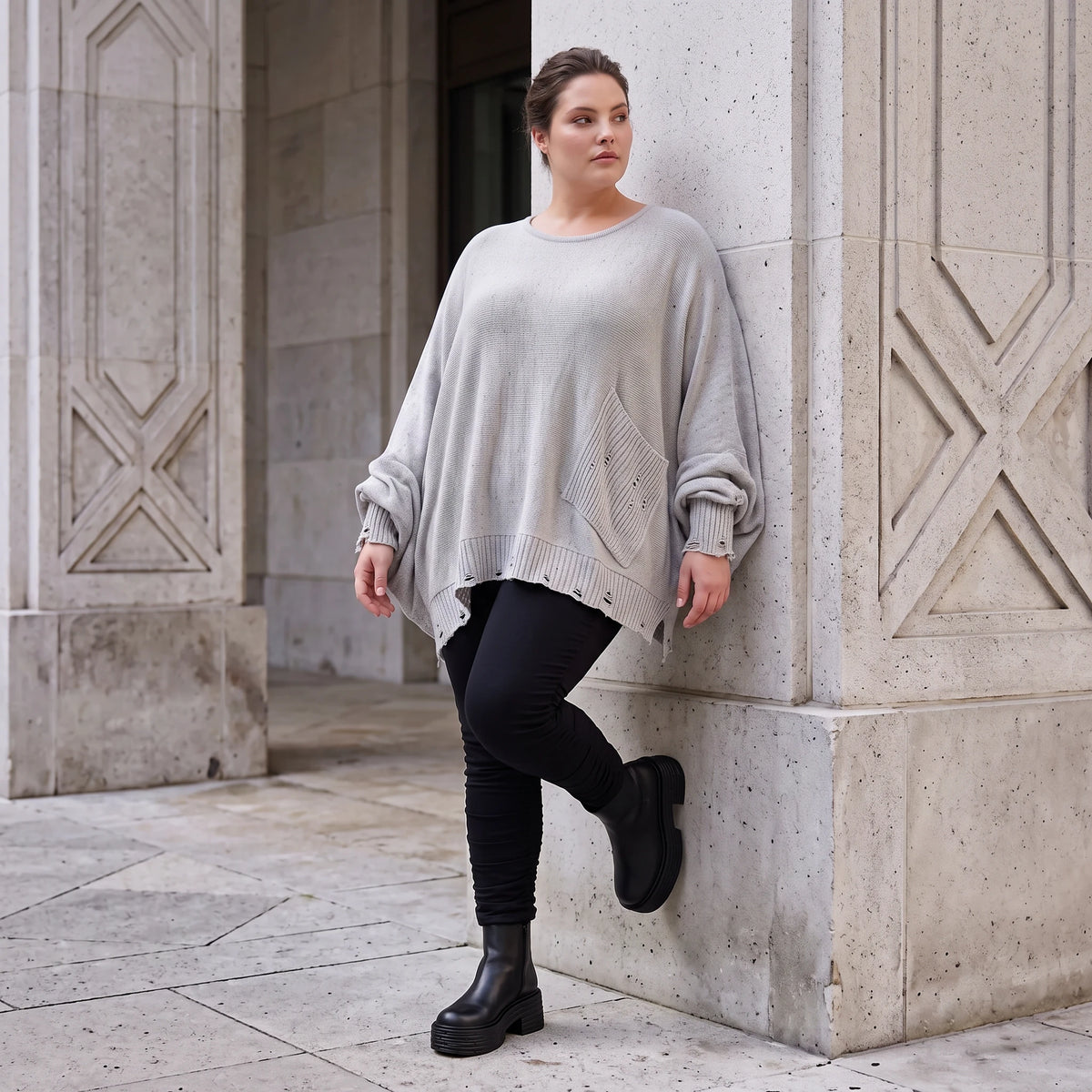 Grauer Strickpullover in A-Linie aus weichem Baumwollmix mit Stretch kuschelig warm