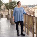 Strickpullover in Jeansblau mit Destroyed Optik A-Linie Rundhalsausschnitt Taschen Langarm