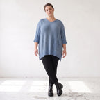 Strickpullover in Jeansblau mit Destroyed Optik A-Linie Rundhalsausschnitt Taschen Langarm