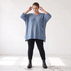 Strickpullover in Jeansblau mit Destroyed Optik A-Linie Rundhalsausschnitt Taschen Langarm