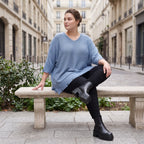 Strickpullover in Jeansblau mit Destroyed Optik A-Linie Rundhalsausschnitt Taschen Langarm