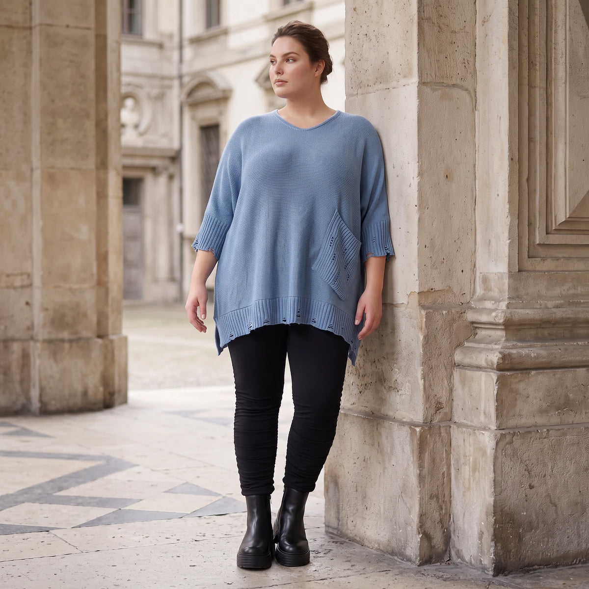 Strickpullover in Jeansblau mit Destroyed Optik A-Linie Rundhalsausschnitt Taschen Langarm