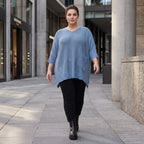 Strickpullover in Jeansblau mit Destroyed Optik A-Linie Rundhalsausschnitt Taschen Langarm