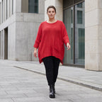 Warmes rotes Strickshirt in A-Linie aus weicher dehnbarer Stretchware mit Destroyedoptik