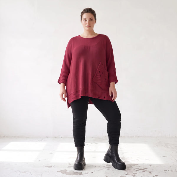 Bordeaux Strickshirt in A-Linie mit Destroyed-Optik weich warm aus Stretchstoff Basic