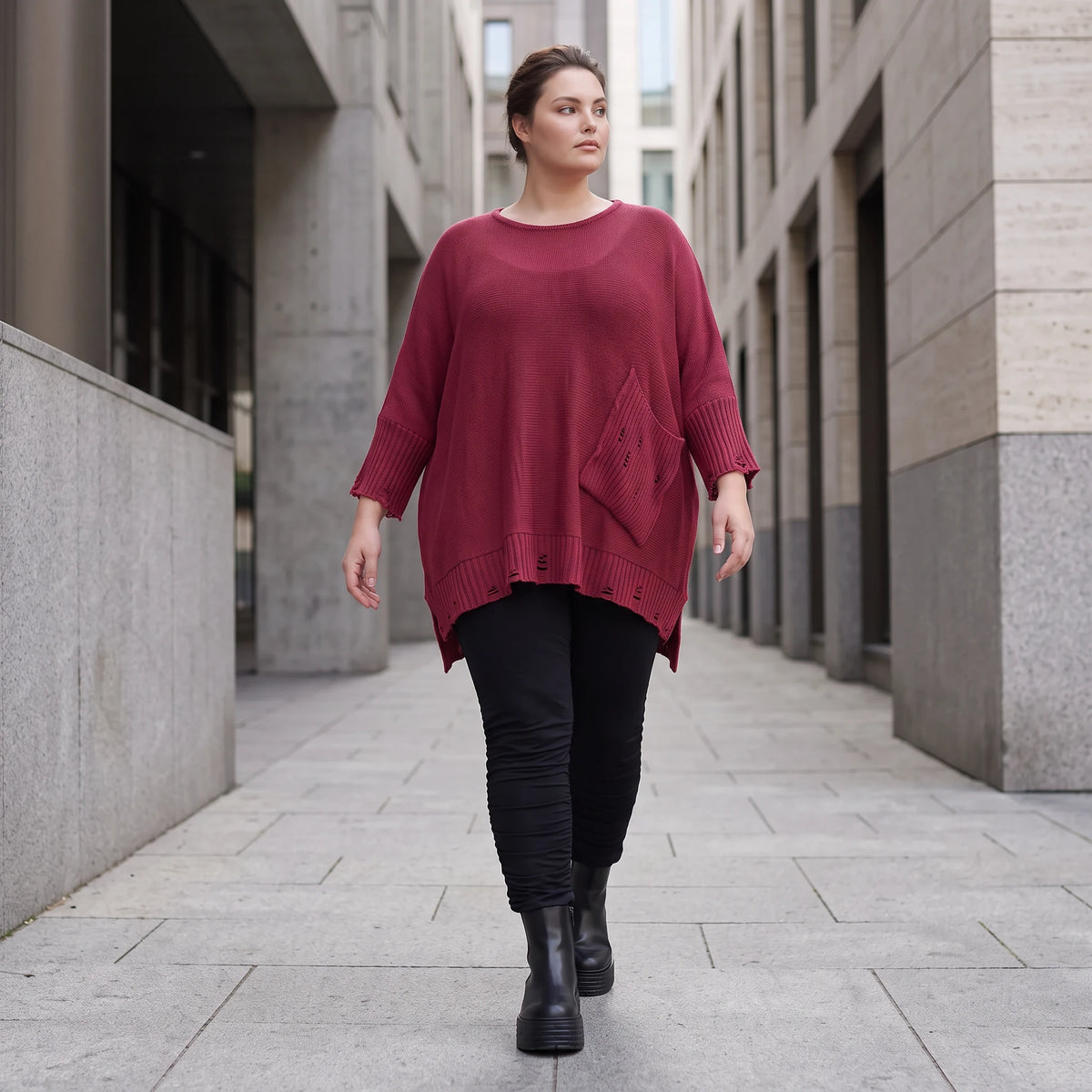 Bordeaux Strickshirt in A-Linie mit Destroyed-Optik weich warm aus Stretchstoff Basic