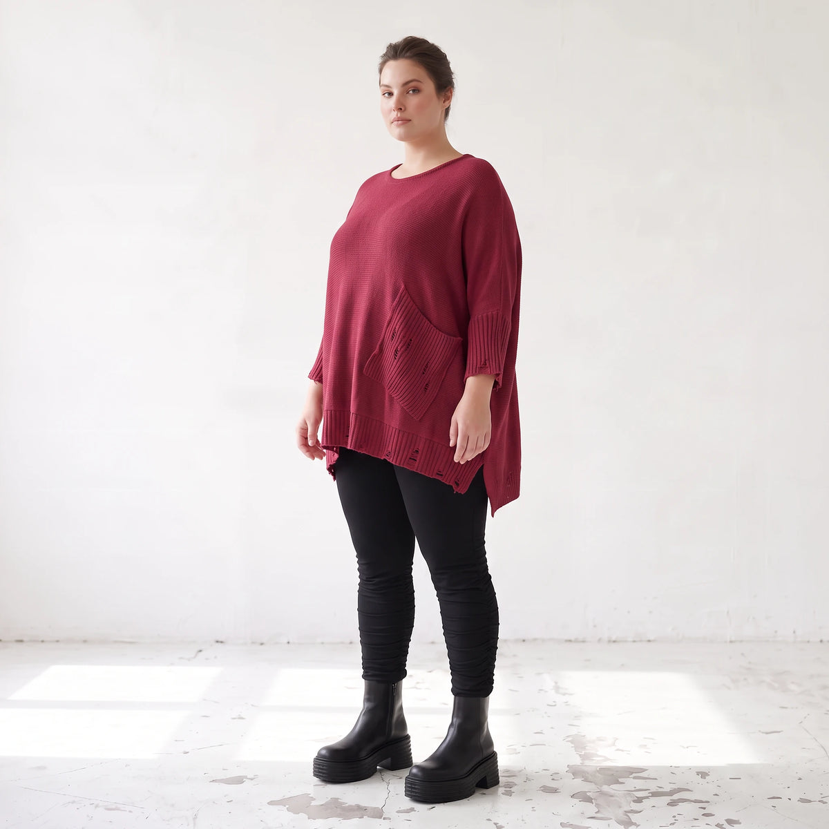 Bordeaux Strickshirt in A-Linie mit Destroyed-Optik weich warm aus Stretchstoff Basic