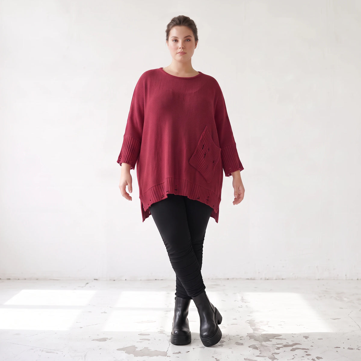 Bordeaux Strickshirt in A-Linie mit Destroyed-Optik weich warm aus Stretchstoff Basic