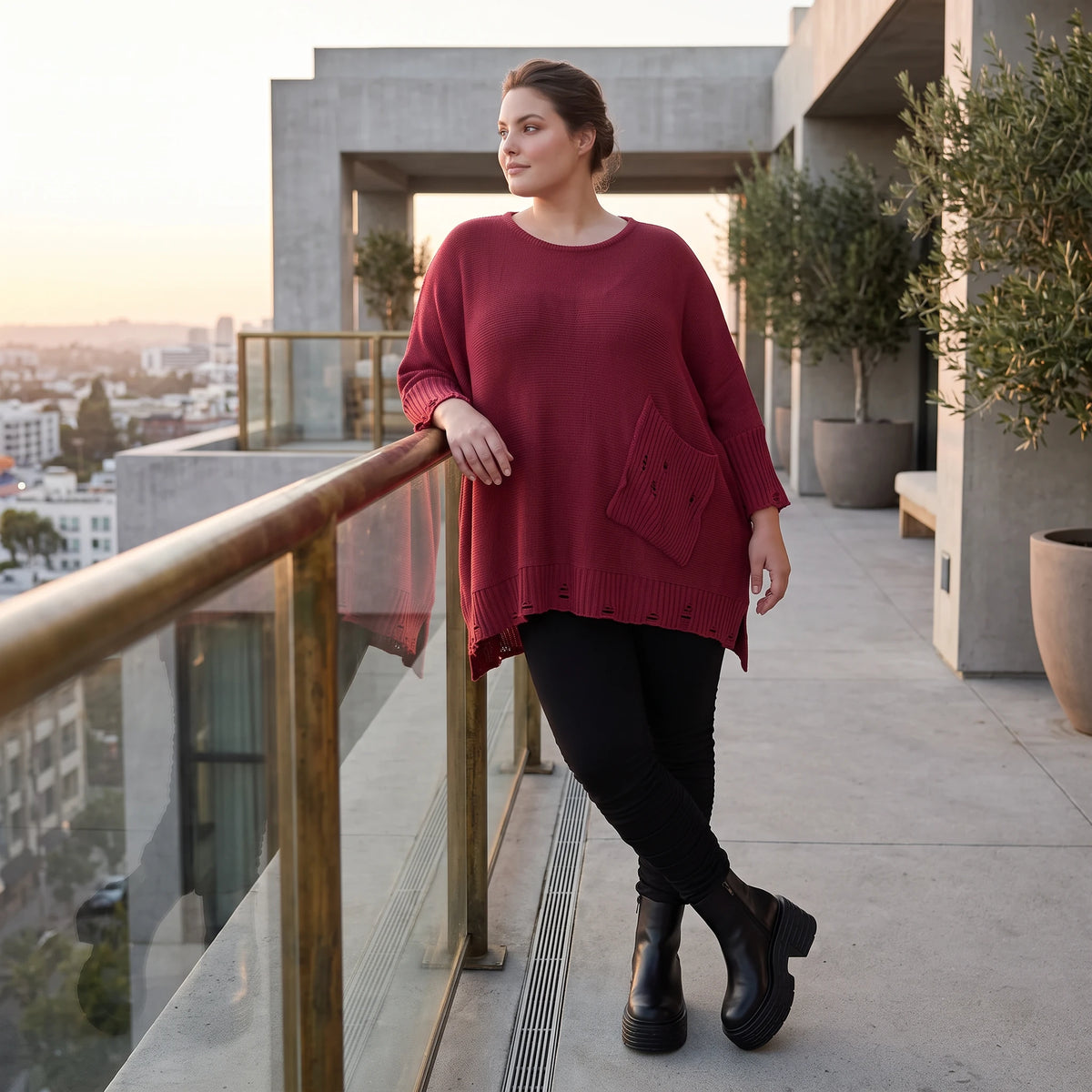 Bordeaux Strickshirt in A-Linie mit Destroyed-Optik weich warm aus Stretchstoff Basic
