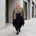 Elegante A-Linie Winterjacke in Beige/Schwarz aus Satinmaterialmix mit Netzdetails