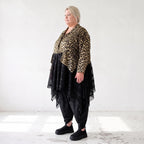 Elegante A-Linie Winterjacke in Beige/Schwarz aus Satinmaterialmix mit Netzdetails