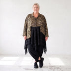 Elegante A-Linie Winterjacke in Beige/Schwarz aus Satinmaterialmix mit Netzdetails