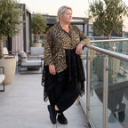 Elegante A-Linie Winterjacke in Beige/Schwarz aus Satinmaterialmix mit Netzdetails
