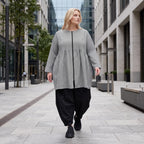 Ballonbluse in Schwarz/Weiß aus Bengaline mit Rundhalsausschnitt Reißverschluss Langarm