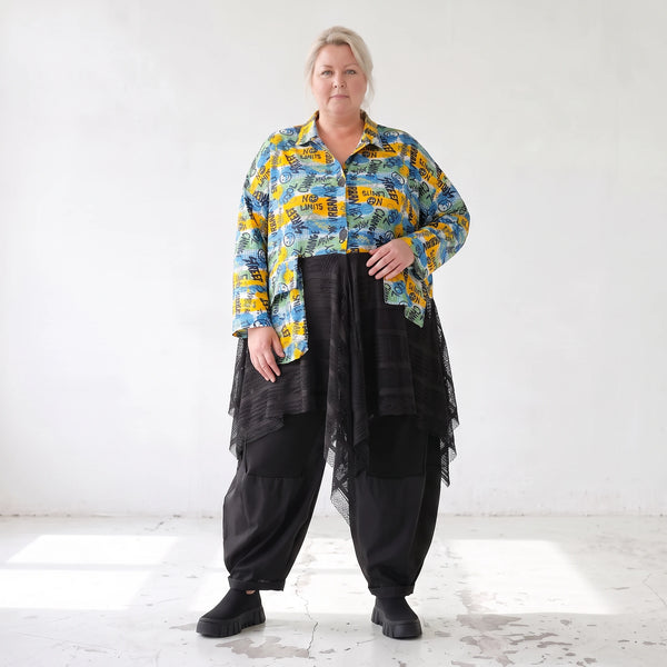 Gelb/Multi Jerseyjacke in A-Linie mit Netzeinsatz Hemdkragen Knopfleiste Zipfelsaum