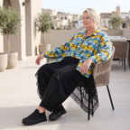 Gelb/Multi Jerseyjacke in A-Linie mit Netzeinsatz Hemdkragen Knopfleiste Zipfelsaum