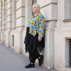 Gelb/Multi Jerseyjacke in A-Linie mit Netzeinsatz Hemdkragen Knopfleiste Zipfelsaum