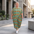 Jerseykleid in Grün/Multi mit Rundhalsausschnitt in Ballonform aus weichem Stretchstoff