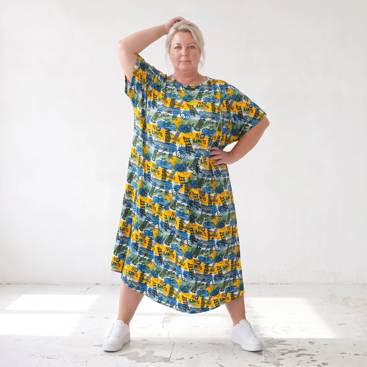 Kleid im Ballonschnitt aus Baumwolljersey mit Gelb/Multi Print und elastischem Komfort
