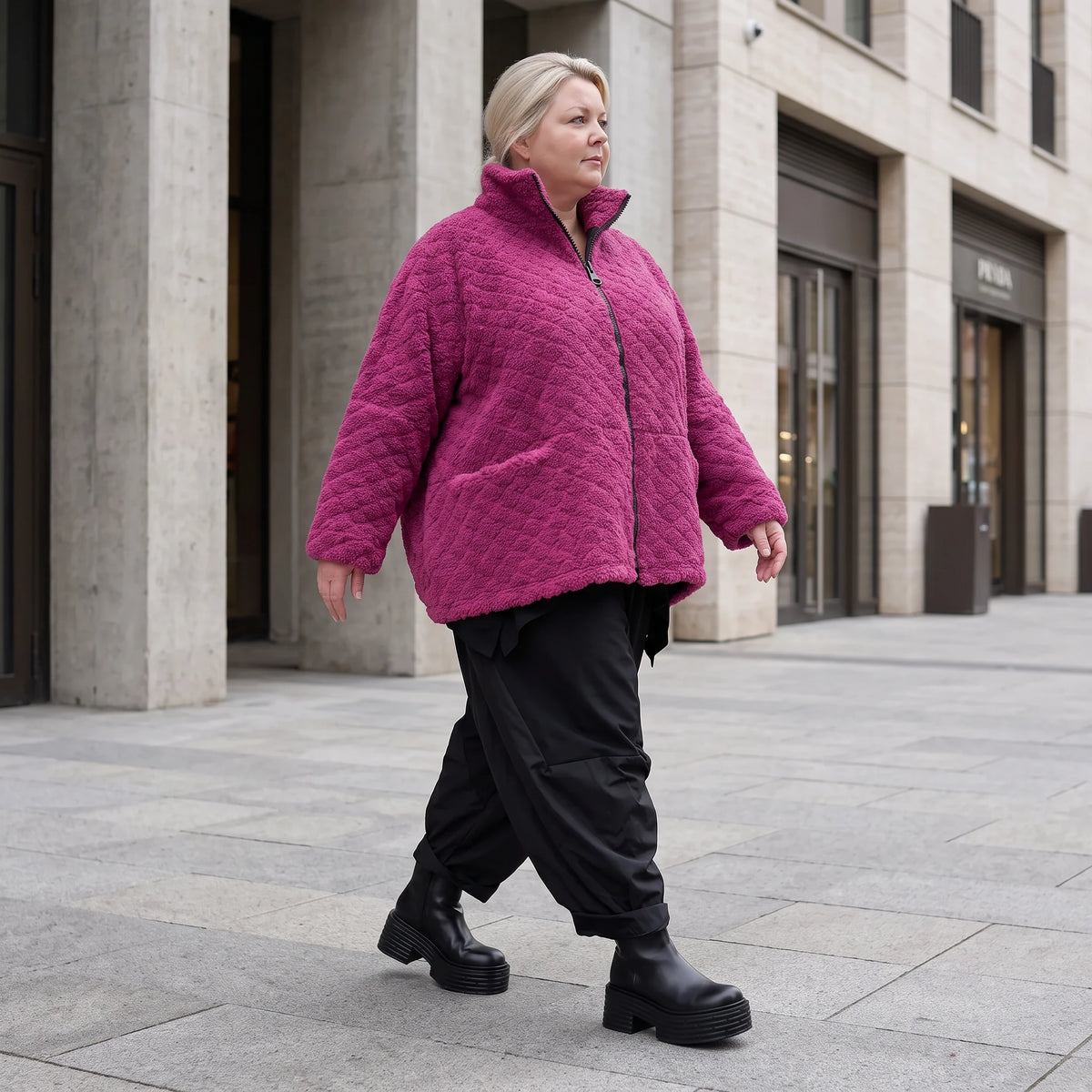 Fuchsia Teddyjacke mit kastigem Schnitt Stehkragen Reißverschluss und Nahttaschen