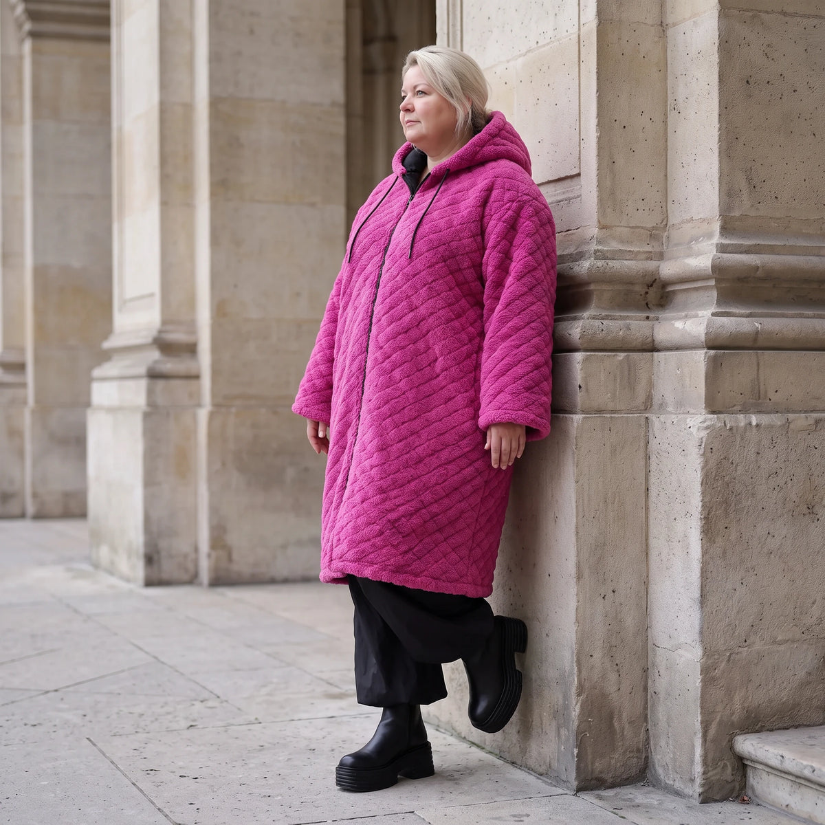 Fuchsia Teddymantel aus Pluesch mit Tuell Tunnelzug Reissverschluss geradem Schnitt