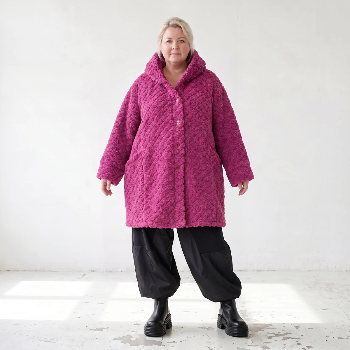 Teddy Winterjacke in Ballonform mit Kapuze und tiefen Taschen kuschelig warm locker weit
