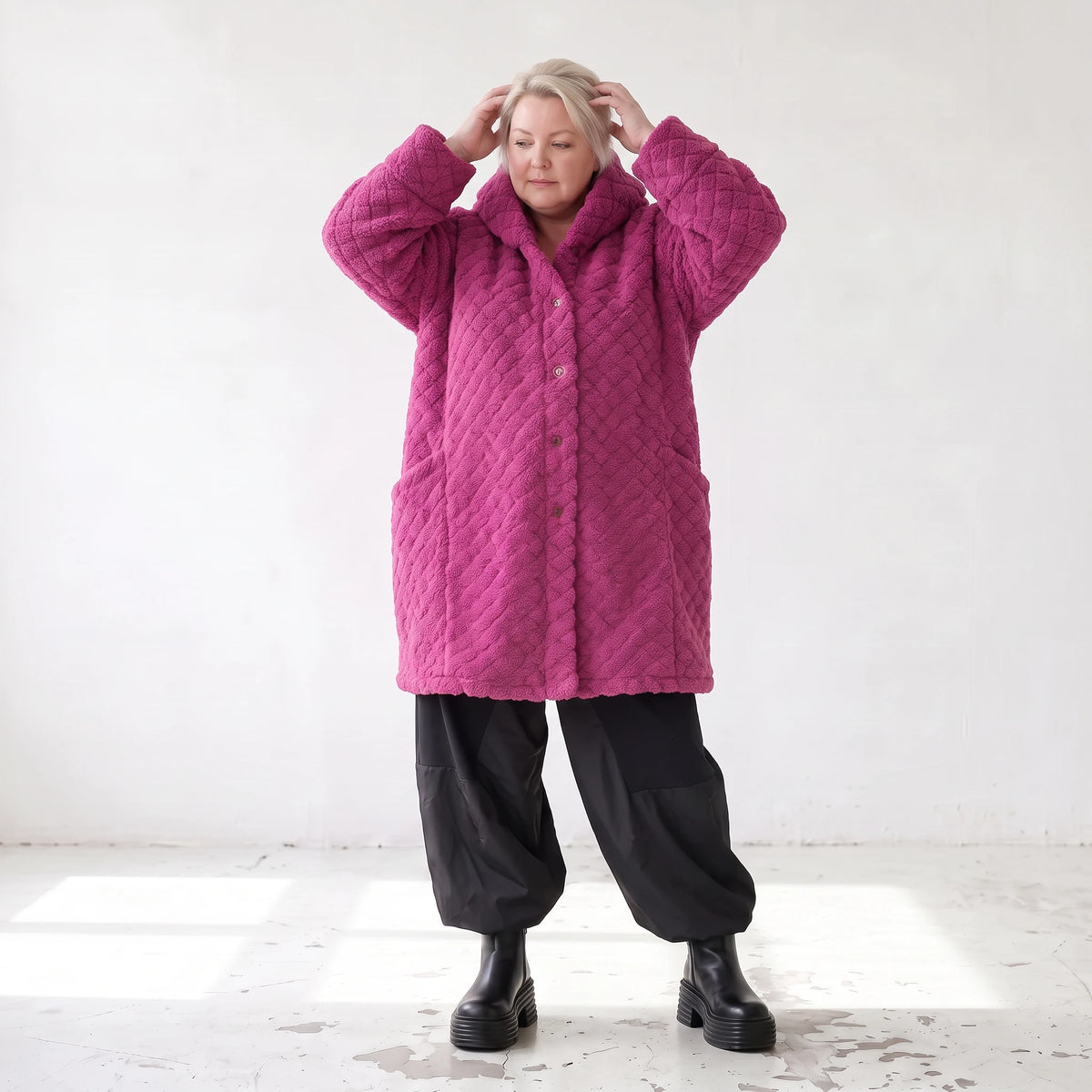 Teddy Winterjacke in Ballonform mit Kapuze und tiefen Taschen kuschelig warm locker weit