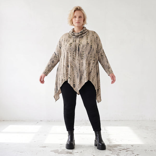 Langarmshirt aus Baumwolle in Beige/Braun mit Rollkragen Tunnelzug und A-Linie Zipfelsaum